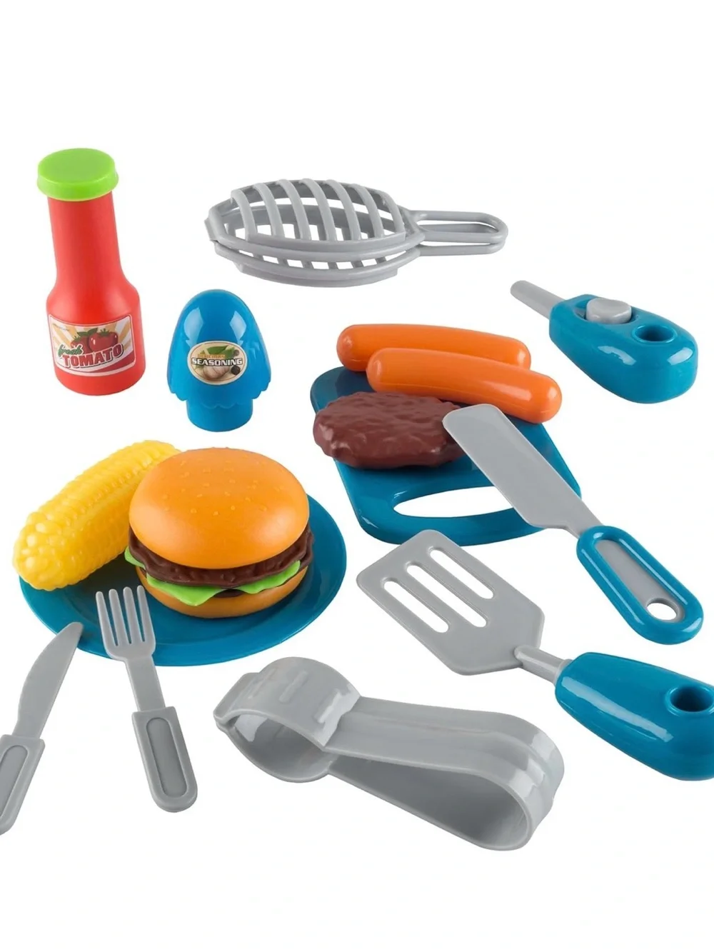 Kids BBQ Toy Kitchen Set Pretend Play Grill with Flame-Like Lights and food